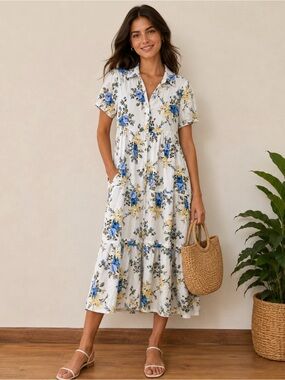 NWT Laura Ashley Linen Blend Floral Midi Dress Button Front Size Small